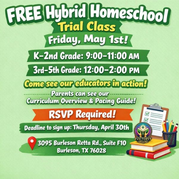 Free hybrid homeschool trial class on May 1st for K-5th grades, RSVP by April 30th.
