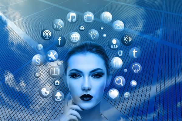 AI-generated image of a woman's head surrounded by icons representing various digital tools, such as