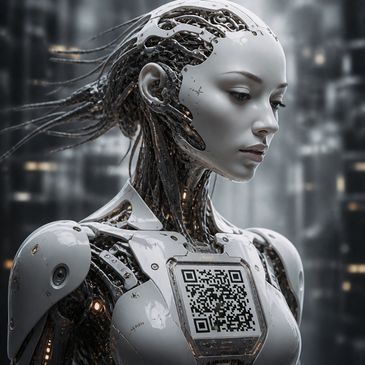 A female cyborg with a scannable QR Code to preview the ChatGPT eGuide.