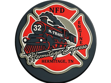 Logo of Hermitage Express with a steam engine train and fire department emblem.