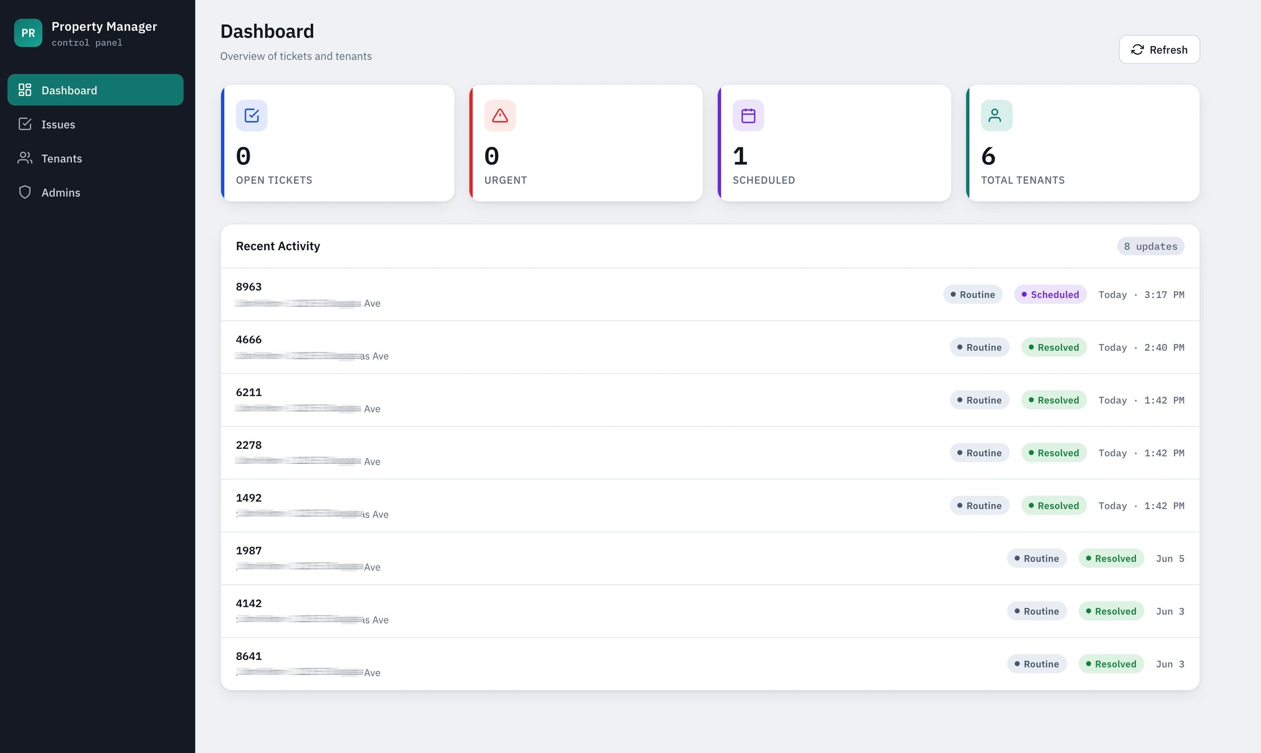Property Manager dashboard showing ticket and tenant overview.