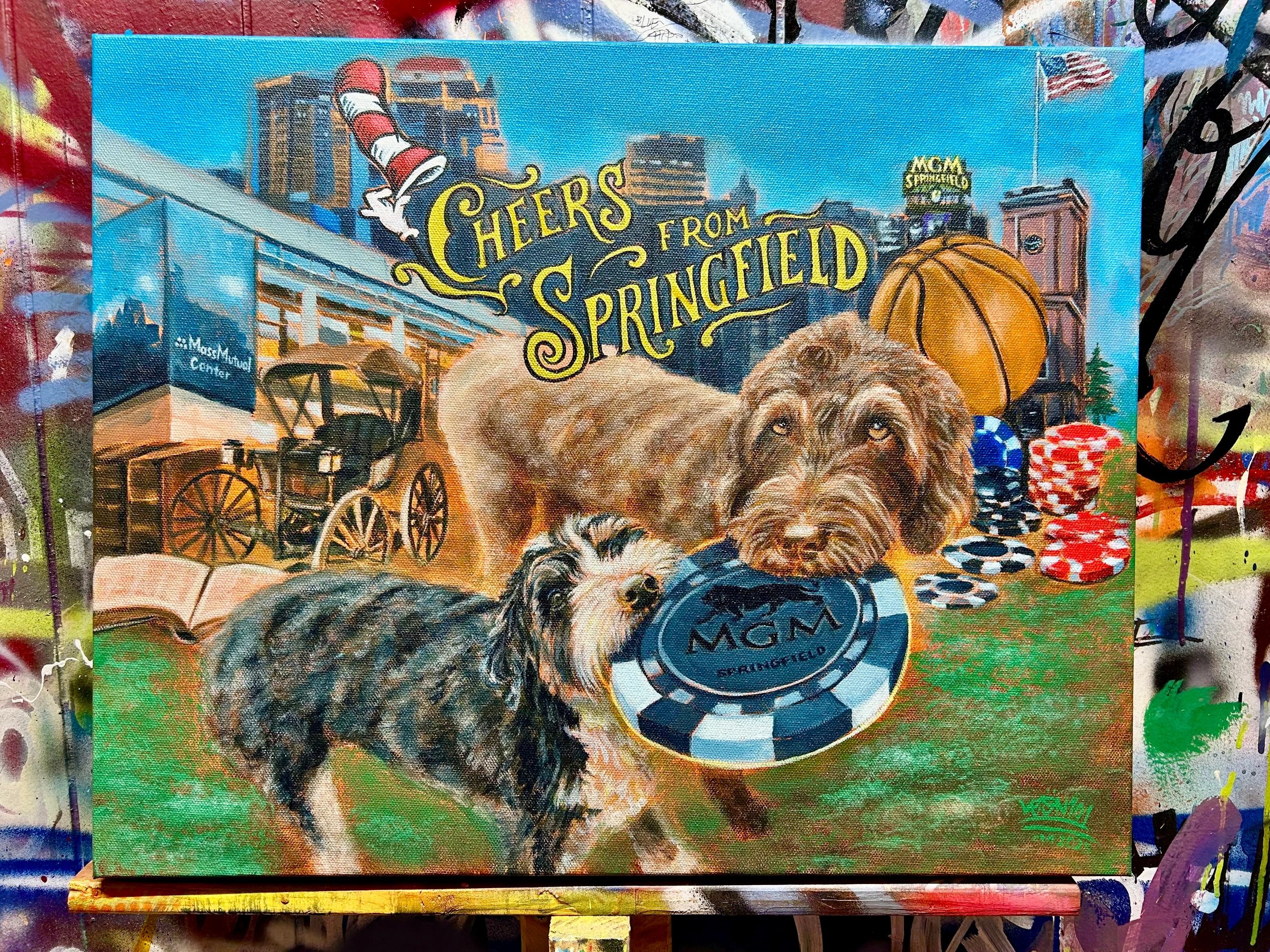 Painting of two dogs holding an MGM poker chip Springfield, MA city background and MassMutual Center
