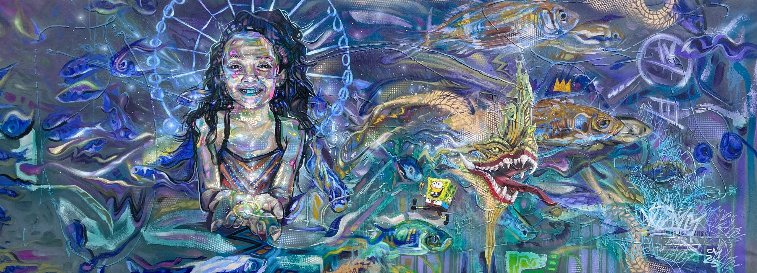 Girl with open hand hold light with Lao naga serpent and fish