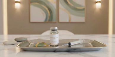 A vial and syringe on a tray in a serene clinical setting.