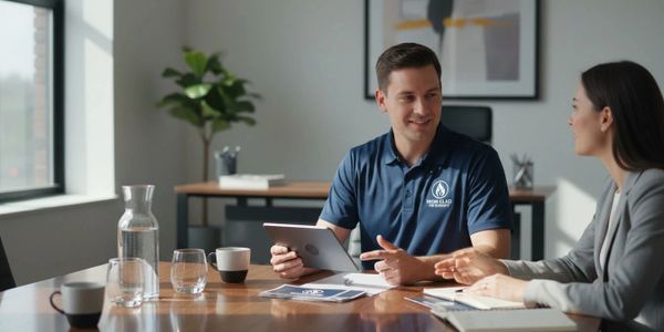 Two colleagues discuss work at a bright office table with documents and a tablet.