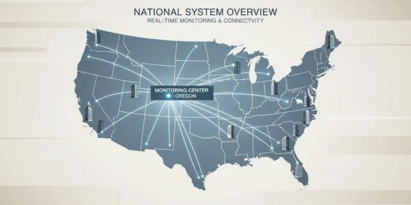 Map of U.S. showing national system monitoring centers and connectivity.