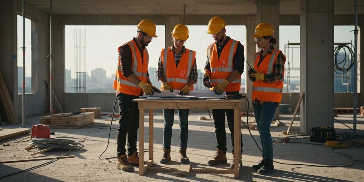 Four construction workers in safety gear discussing plans at a site.