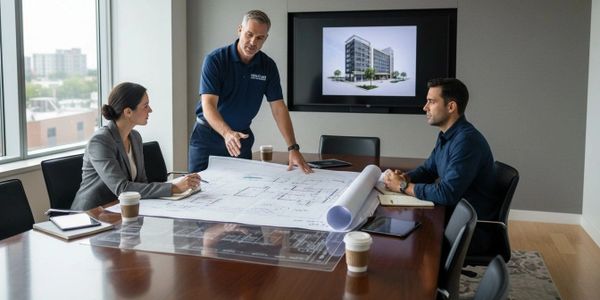 Architects discussing building plans in a meeting room.