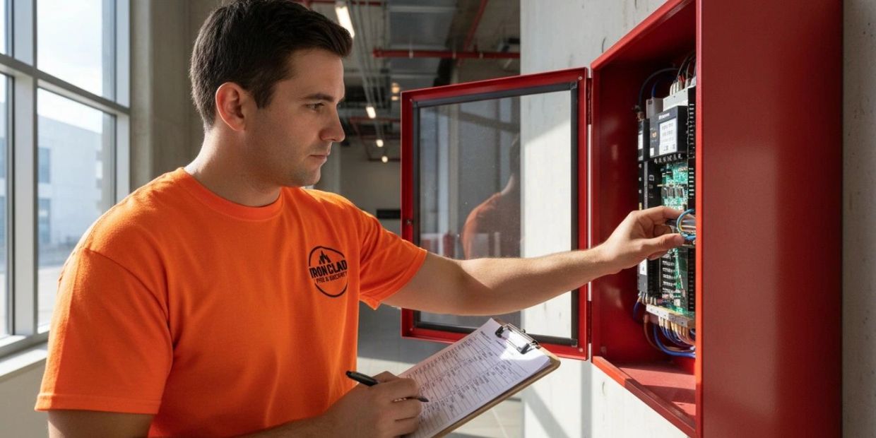 Modern commercial building with a fire alarm monitoring service.