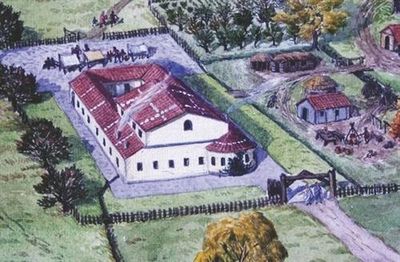 Artists impression, by Benjamin Perkins, of Gestingthorpe Roman Villa.