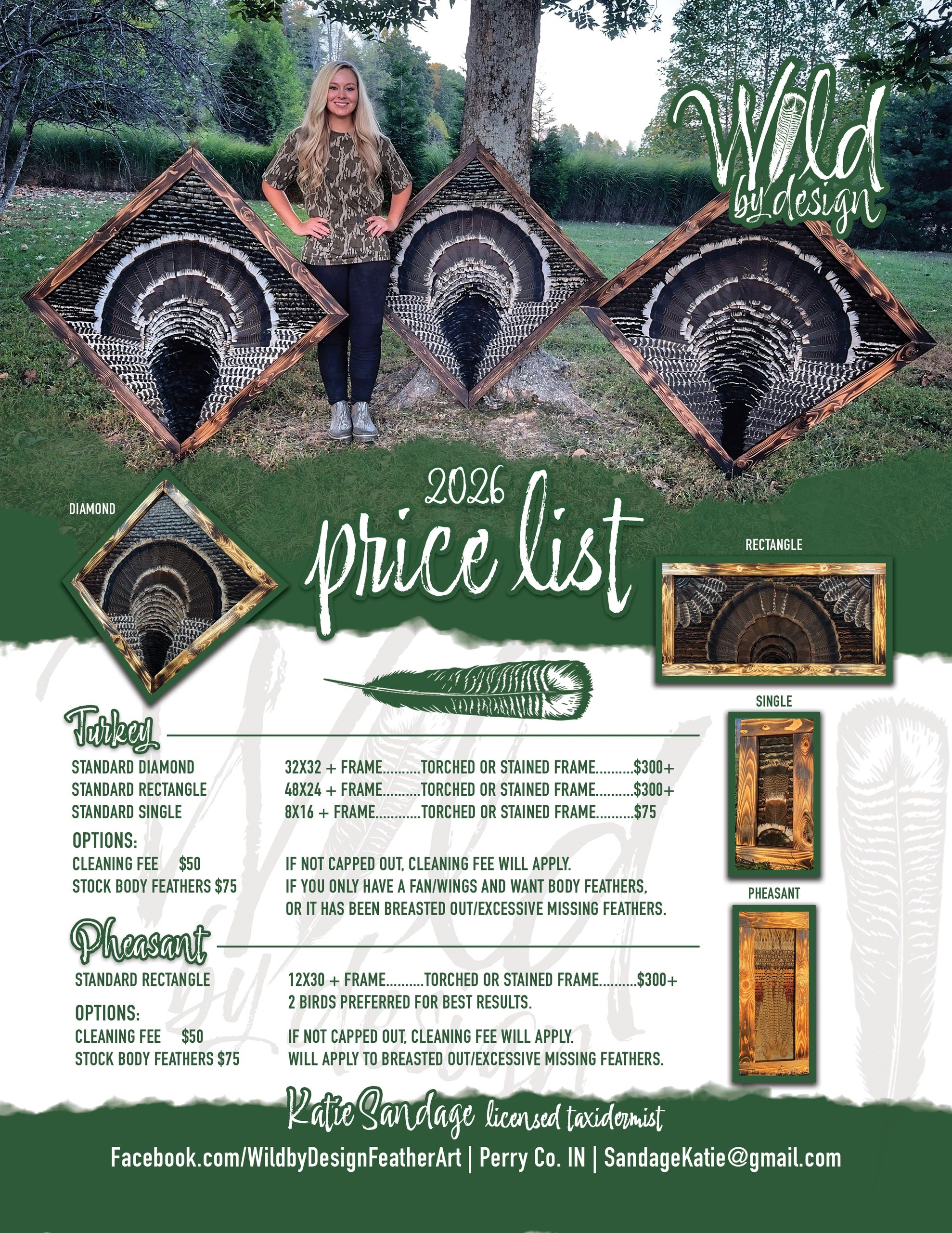 Price list for turkey and pheasant feather art displays with images.