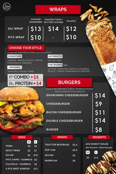 Menu for wraps and burgers including shawarma, tikka, falafel, combos, and toppings.