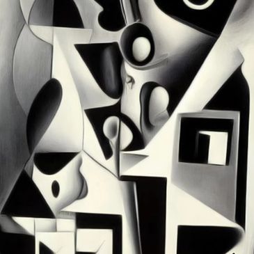 Abstract black and white geometric cubist painting.