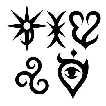 Set of five black abstract symbols.
