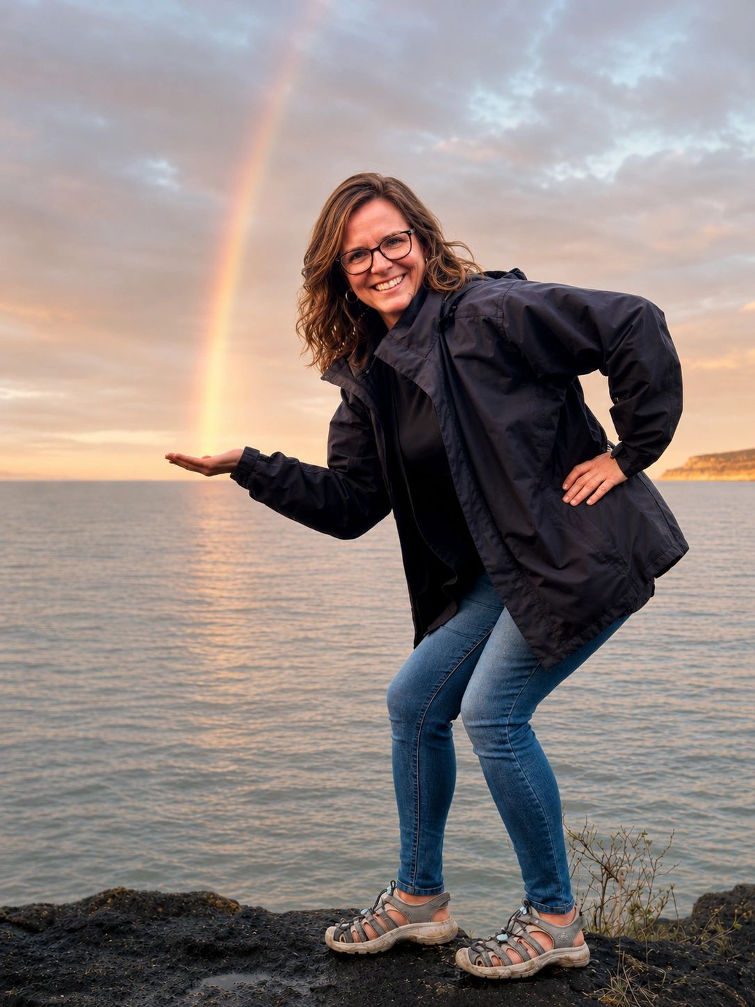 Kristen the program creator posing in front of a lake with rainbow looks like holding the rainbow.