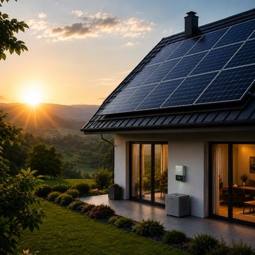 Haus mit Solarpanelen bei Sonnenuntergang.