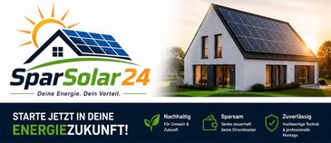 Werbung für SparSolar24 mit Solaranlagen auf einem Haus.