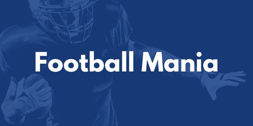 Football Mania logo with player silhouette on blue background.