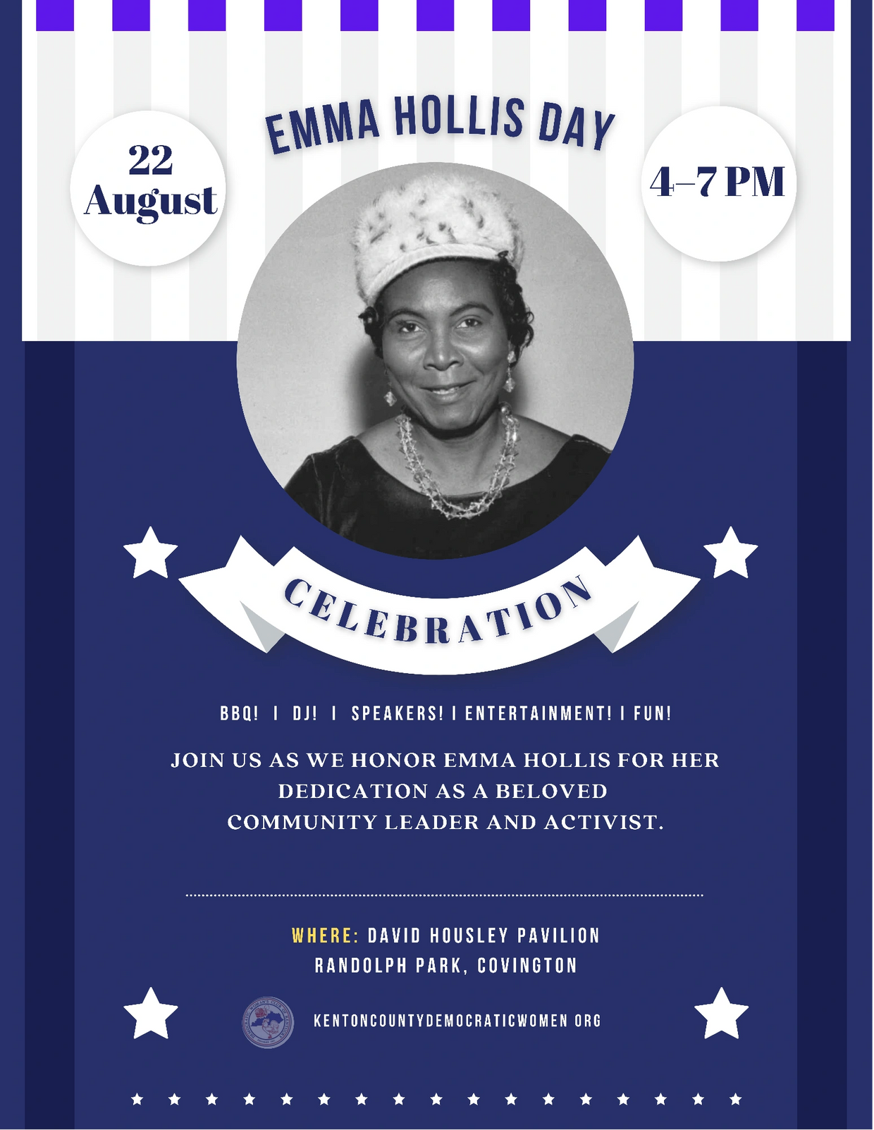 Emma Hollis Day Celebration, August 22, 4–7 PM David Housley Pavilion, Randolph Park,