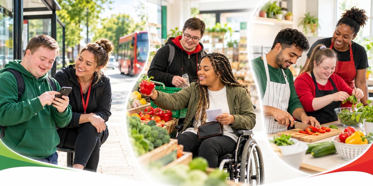 People with disabilities engaging in everyday activities with support and joy.