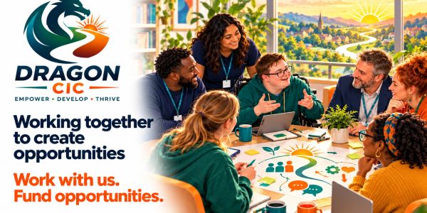 Diverse team collaborating around a table with Dragon CIC logo and slogan.