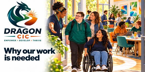 Group of diverse people including one in a wheelchair in a bright workspace.