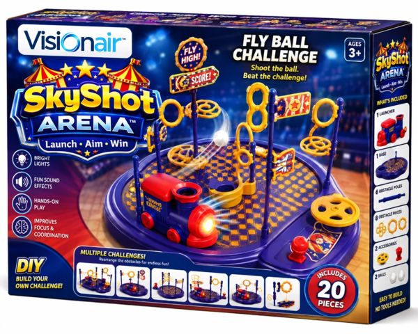 Visionair SkyShot Arena fly ball challenge game with launching train and rings.