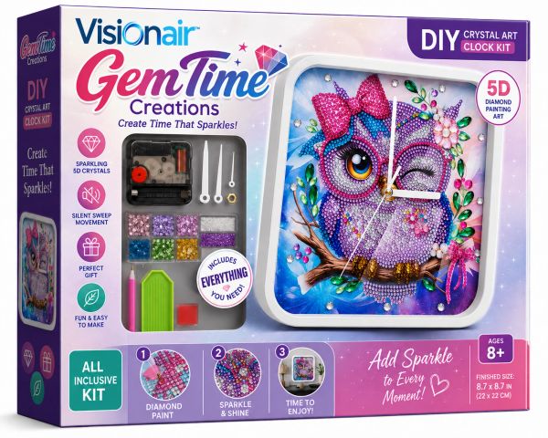 DIY Crystal Art Clock Kit with sparkling owl design.