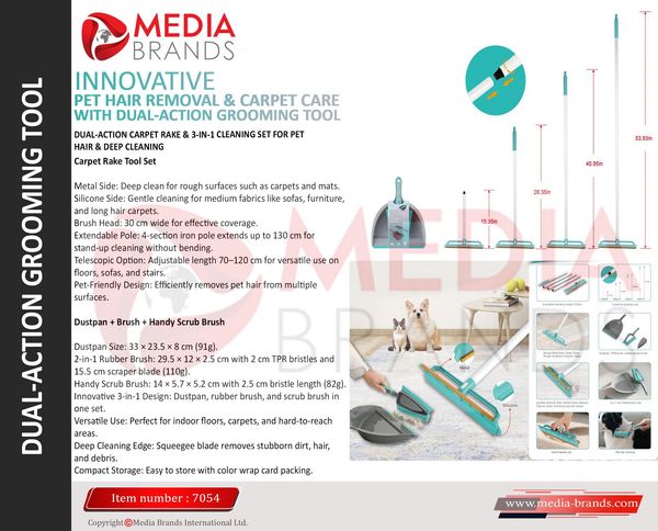 Dual-action grooming tool for pet hair and carpet care.