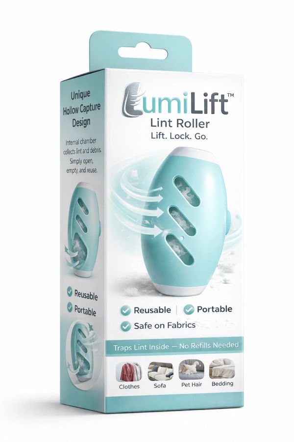 Lumilift lint roller with reusable, portable design.