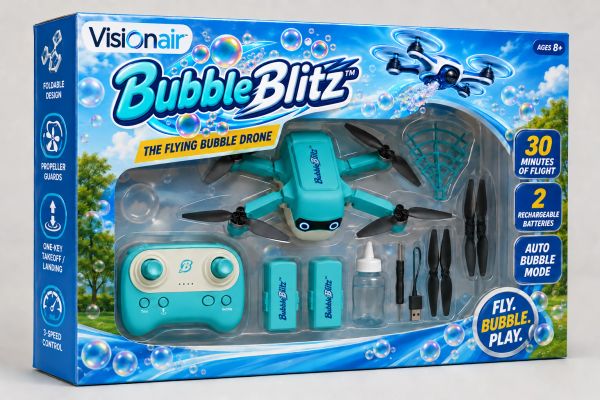 Visionair Bubble Blitz flying bubble drone toy in packaging.