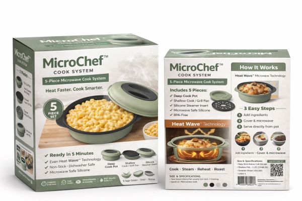 MicroChef 5-piece microwave cook system packaging showing product features.
