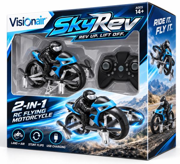 Visionair SkyRev 2-in-1 RC flying motorcycle with remote control.