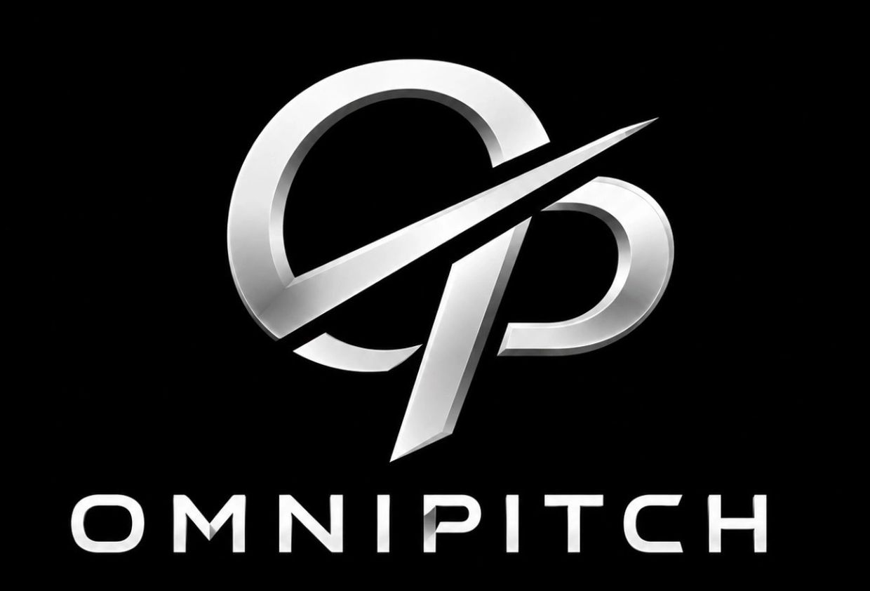 Sleek silver OMNIPITCH logo on a black background.