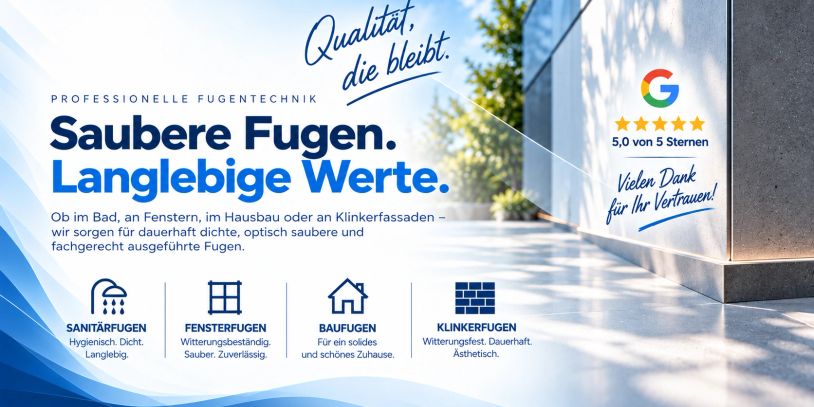 Werbung für professionelle Fugentechnik mit Betonwand im Hintergrund.