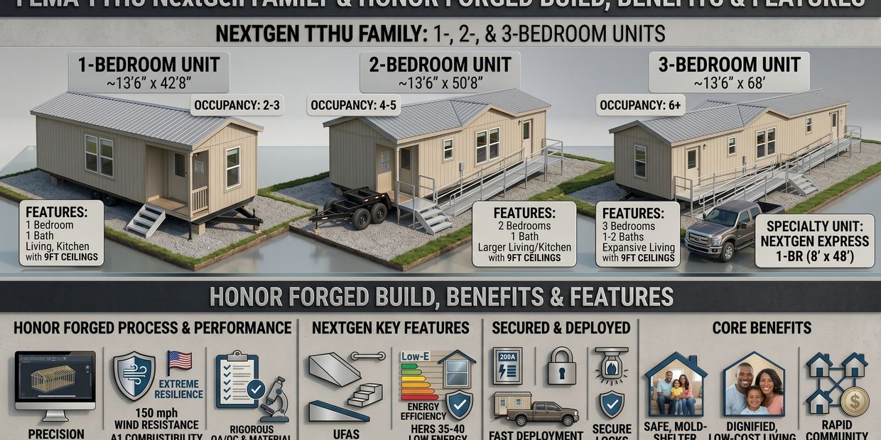 Infographic of FEMA NextGen housing units showing 1- to 3-bedroom options and their features.