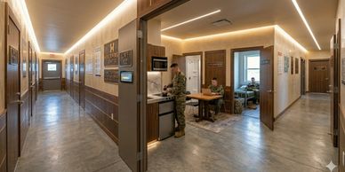 A modern military barracks hallway with soldiers inside a room.