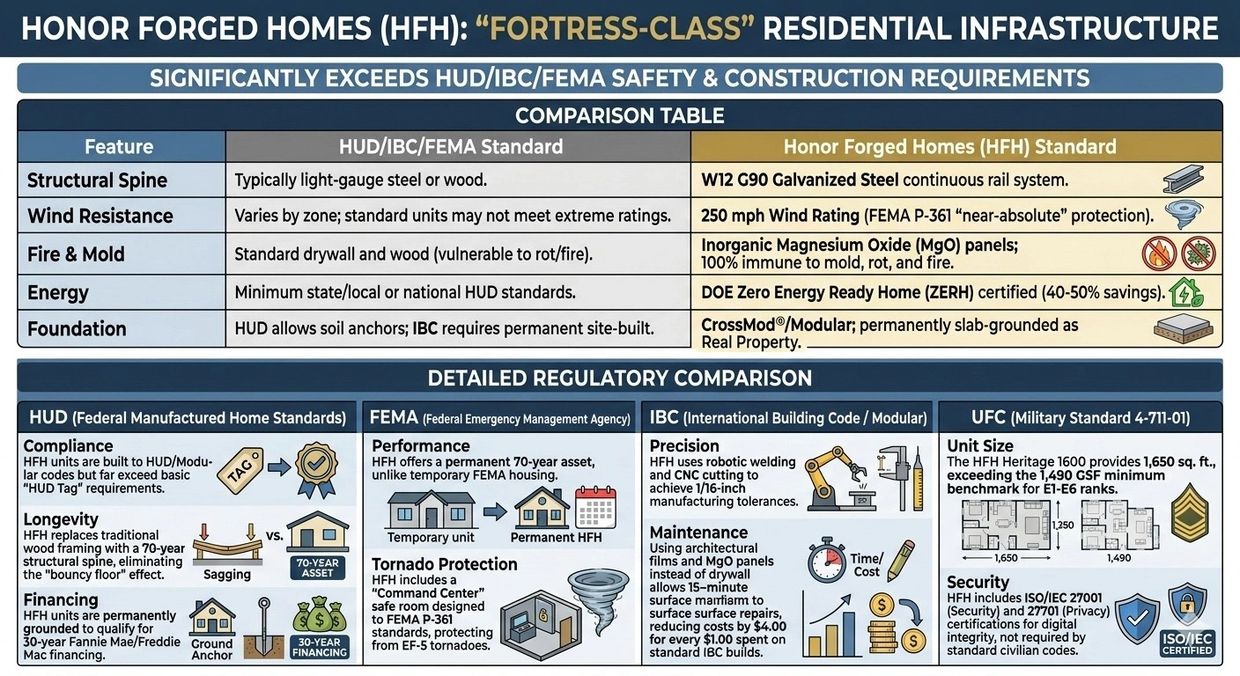 Comparison of HUD/IBC/FEMA standards versus Honor Forged Homes standards for residential safety and construction.