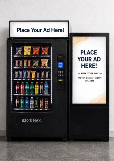 A vending machine with snacks, drinks, and ad space available.