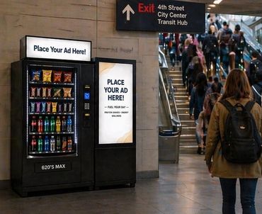 Vending machine and ad space at a busy transit hub with people on stairs.