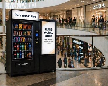 Vending machine with ad space in a busy mall near Zara and Sephora stores.