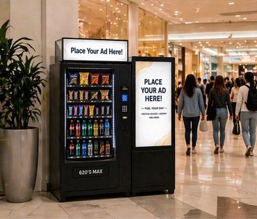 Vending machine with ad space in a busy mall corridor.