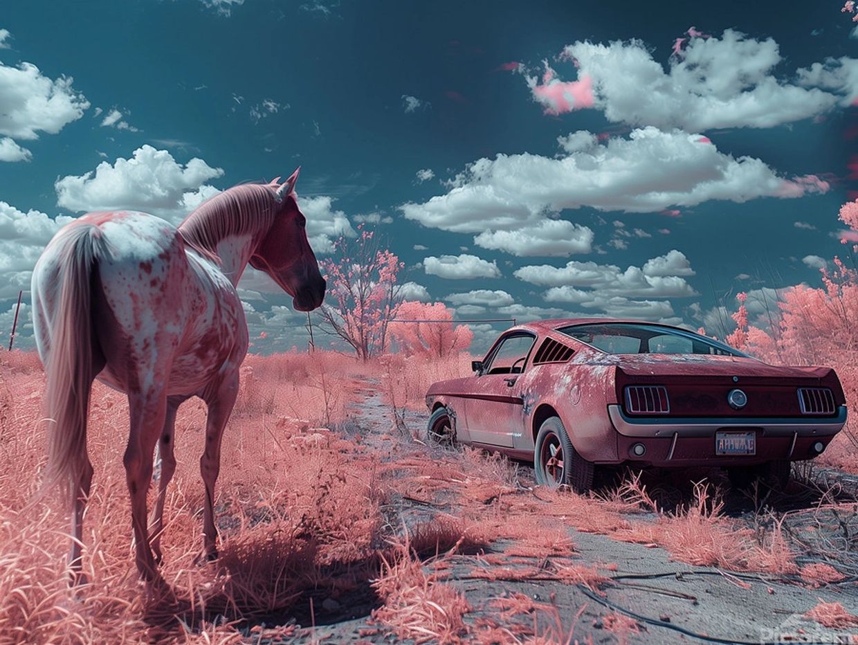 A horse stands near an old car on a pink landscape.