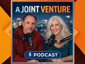 Two hosts with microphones for the A Joint Venture podcast.