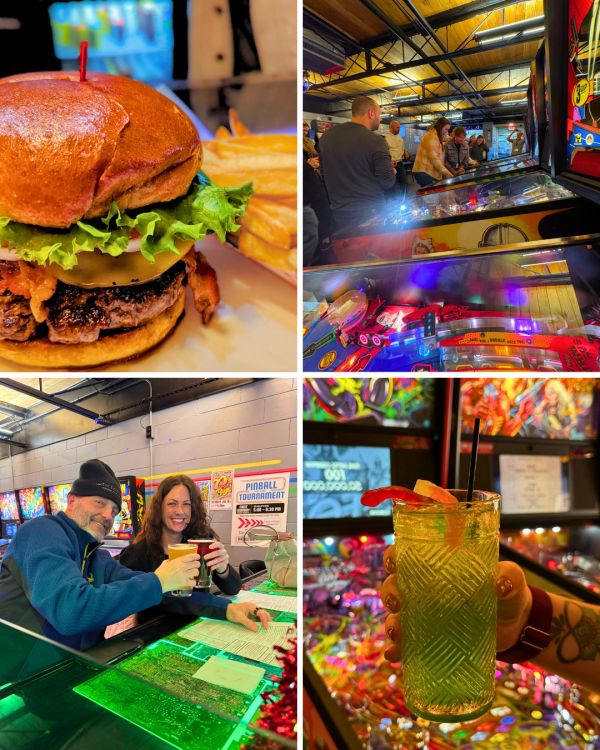 Collage of burger, pinball games, drinks, and people enjoying.