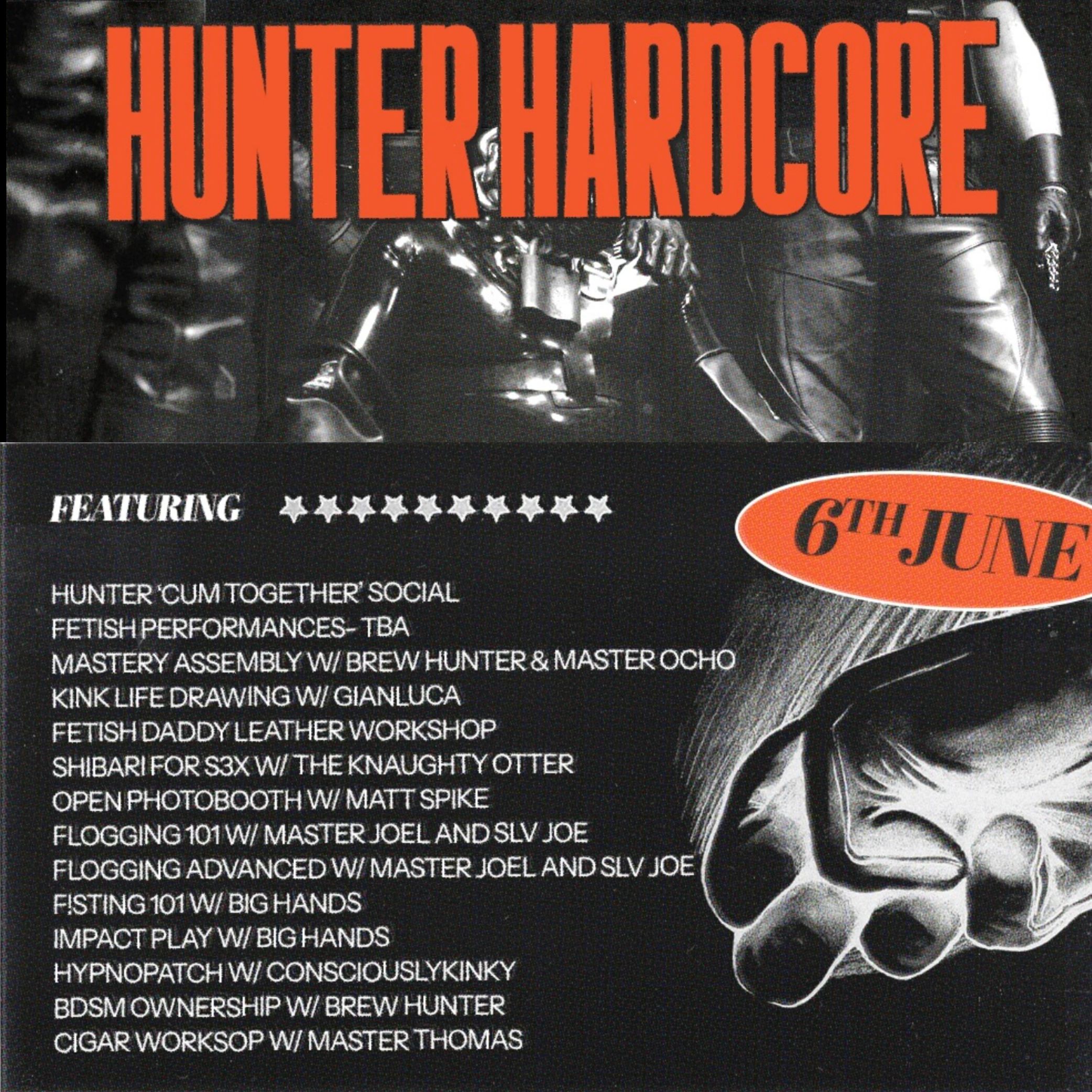 Hunter Hardcore event poster with fetish performances and workshops.