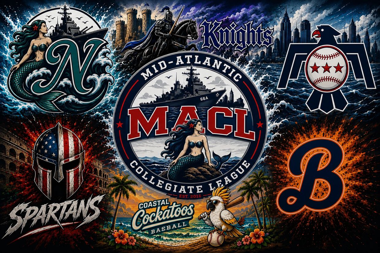 Logos of Mid-Atlantic Collegiate League baseball teams with bold, colorful designs.