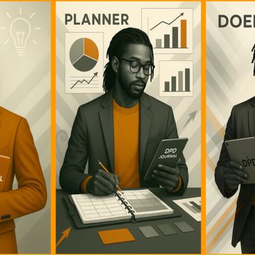 Three stages of success: Dreamer, Planner, and Doer, depicted by a man with a journal and tablet.