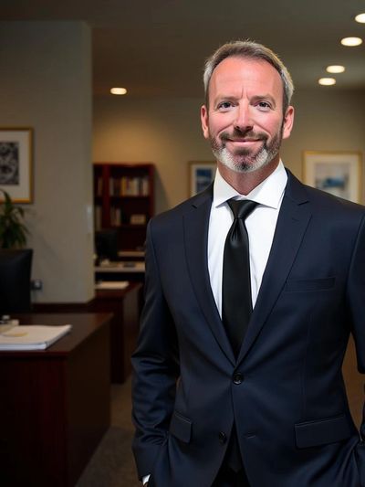 Confident businessman in a suit smiling in an office setting.