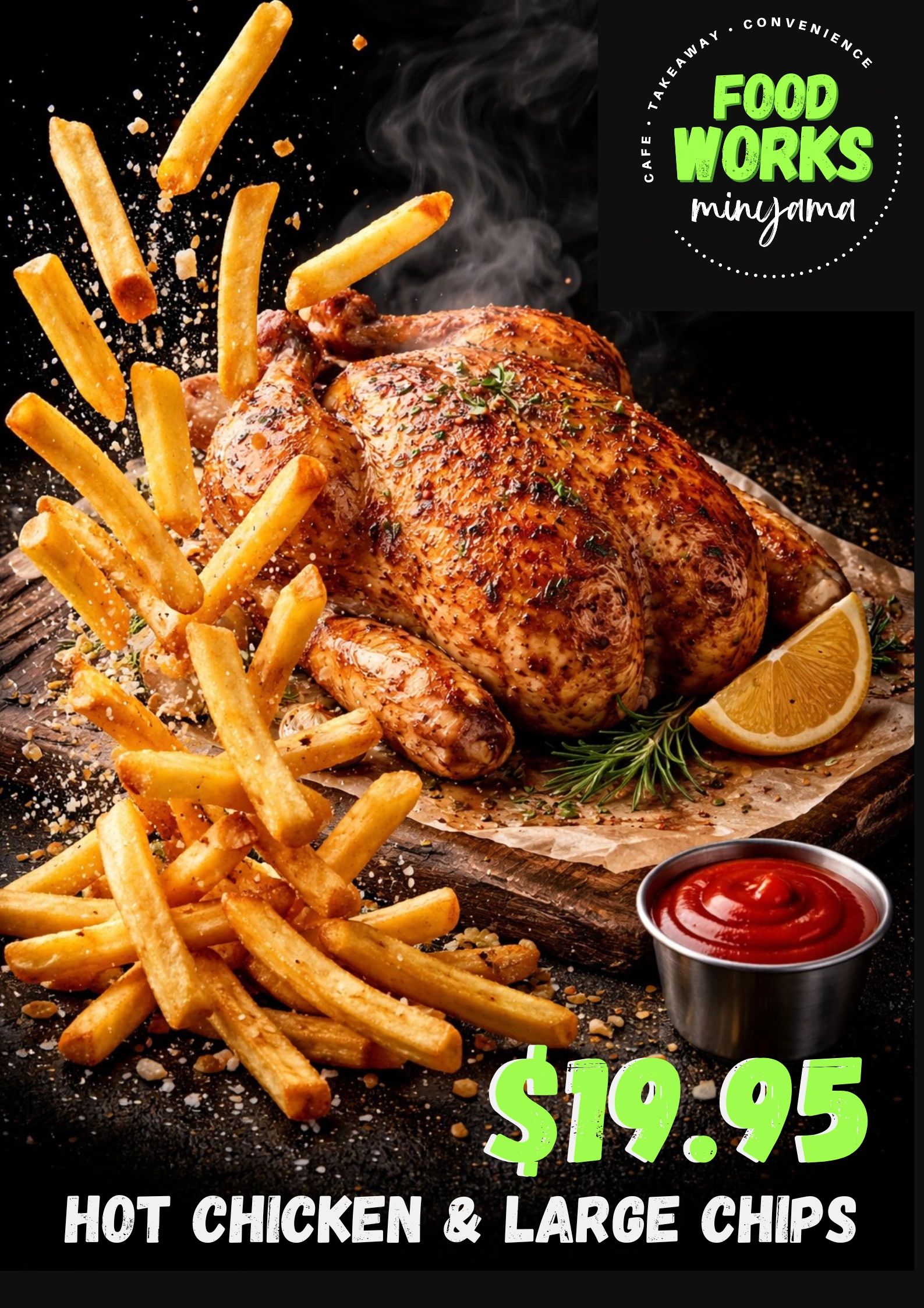 Hot chicken with large chips $19.95